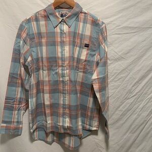 NWT Women’s brushed stretch flannel LS Button Front Pale Blue/Pink Sport Shirt